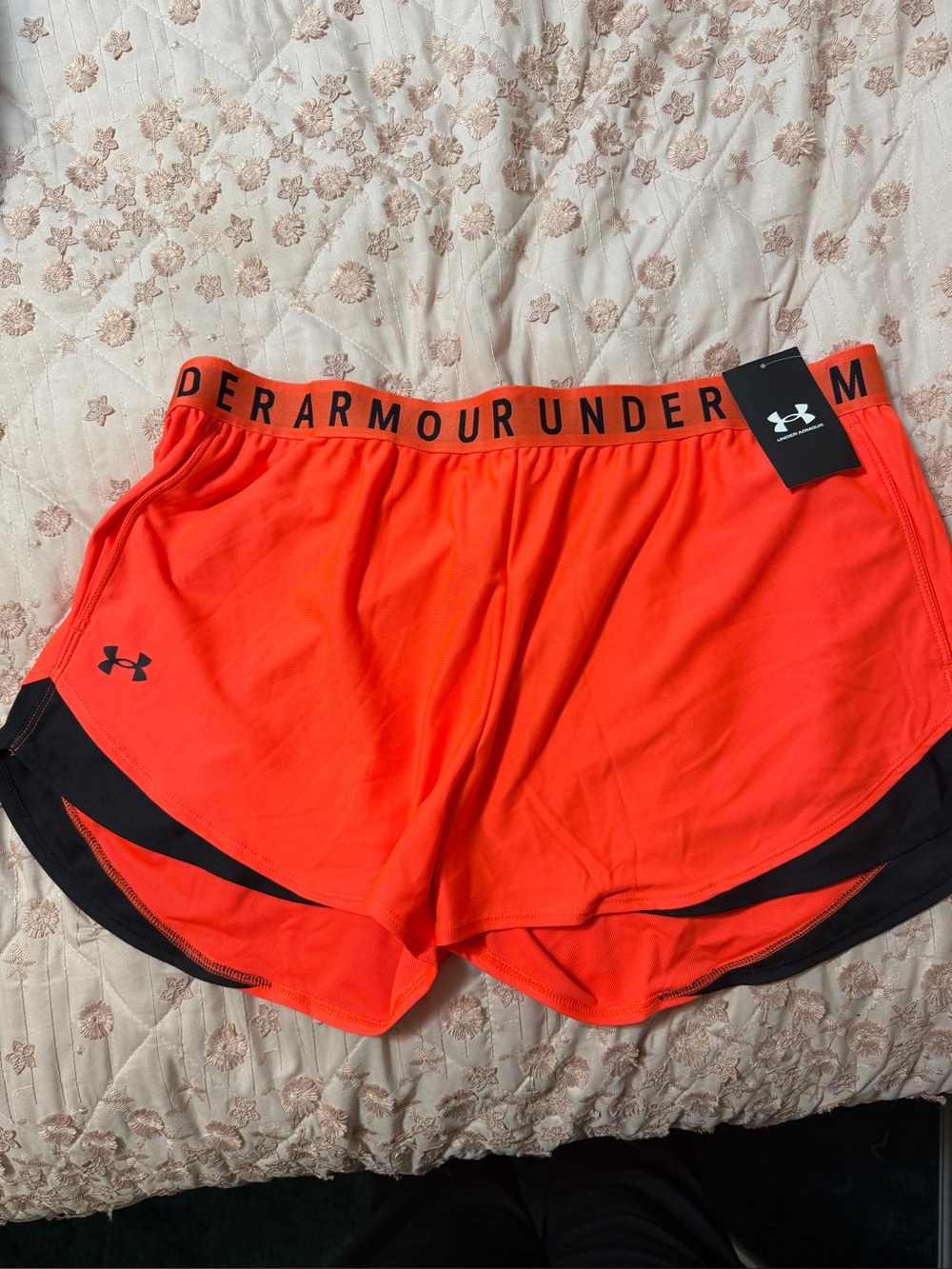 Under Armour Women’s Neon Orange Athletic Shorts with Black Accents